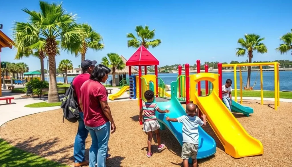 Family enjoying Puc Puggy Playground at Palatka's Riverfront Park Family enjoying Puc Puggy Playground at Palatka's Riverfront Park
