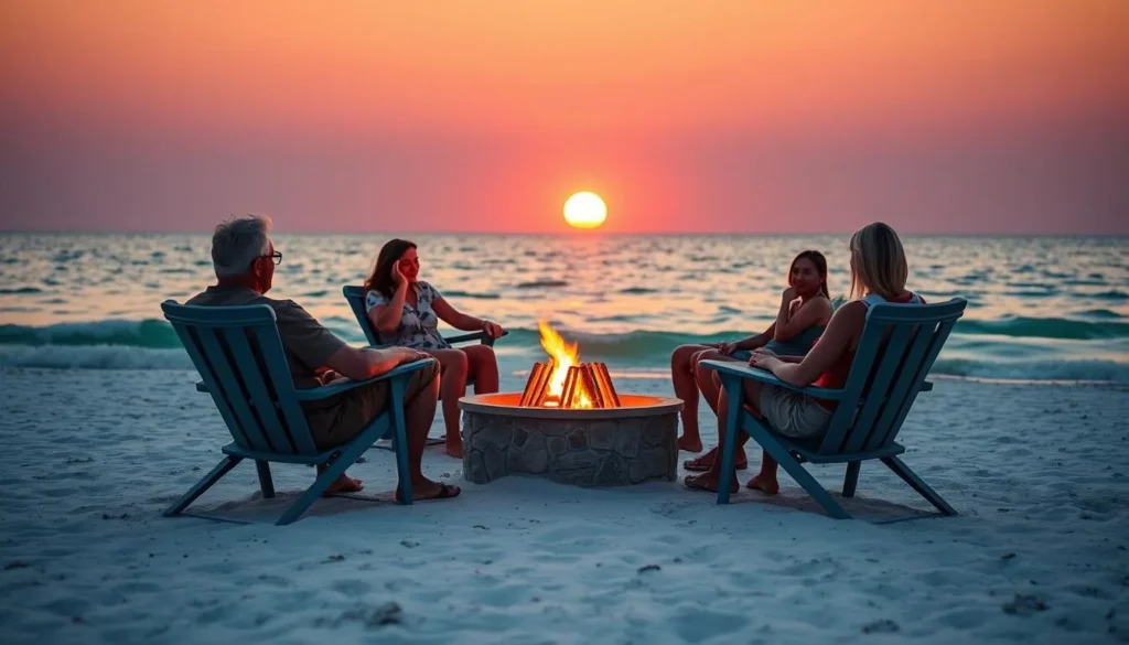 Family enjoying a beach bonfire at sunset in Walton County Florida