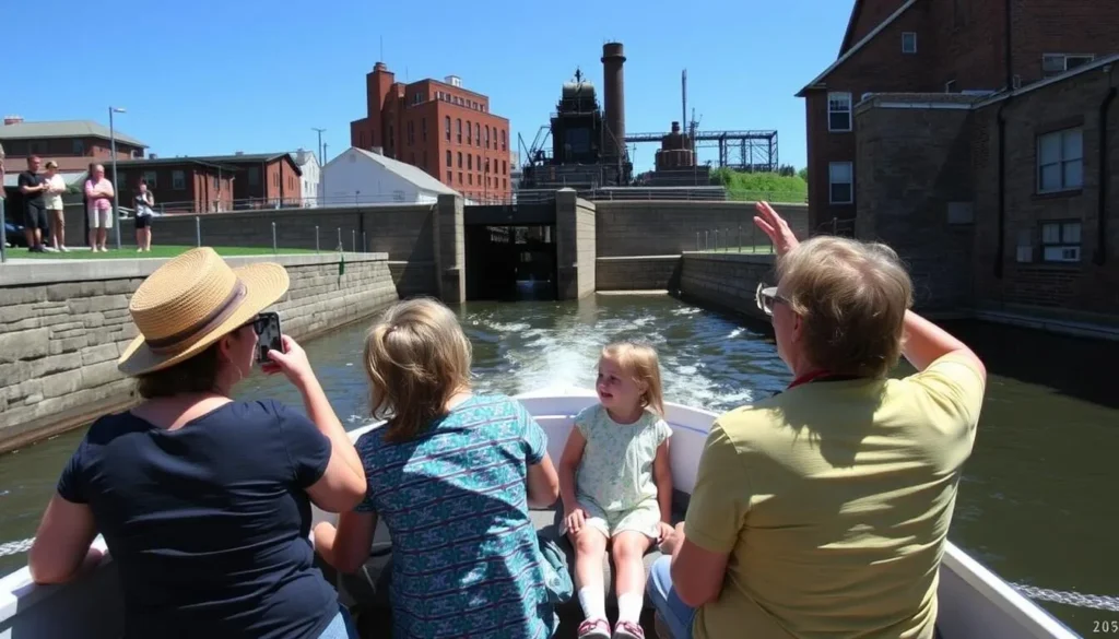 Family enjoying a boat tour on the historic Erie Canal locks in Lockport, Niagara County, New York Family enjoying a boat tour on the historic Erie Canal locks in Lockport, Niagara County, New York