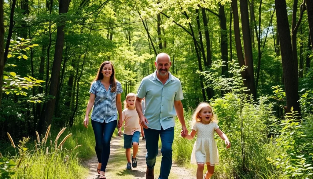 Family enjoying a nature walk on a trail in St. Lawrence County Family enjoying a nature walk on a trail in St. Lawrence County