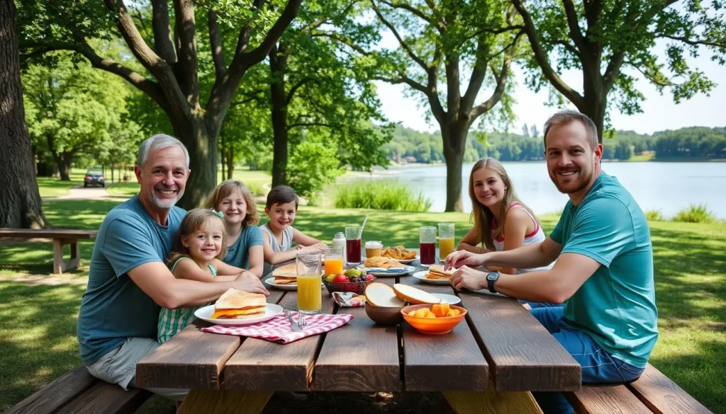 Family enjoying a picnic at Island Lake County Park Family enjoying a picnic at Island Lake County Park