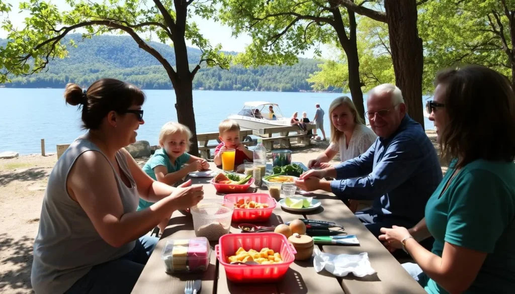 Family enjoying a picnic at Norris Lake Tennessee with boat in background Family enjoying a picnic at Norris Lake Tennessee with boat in background