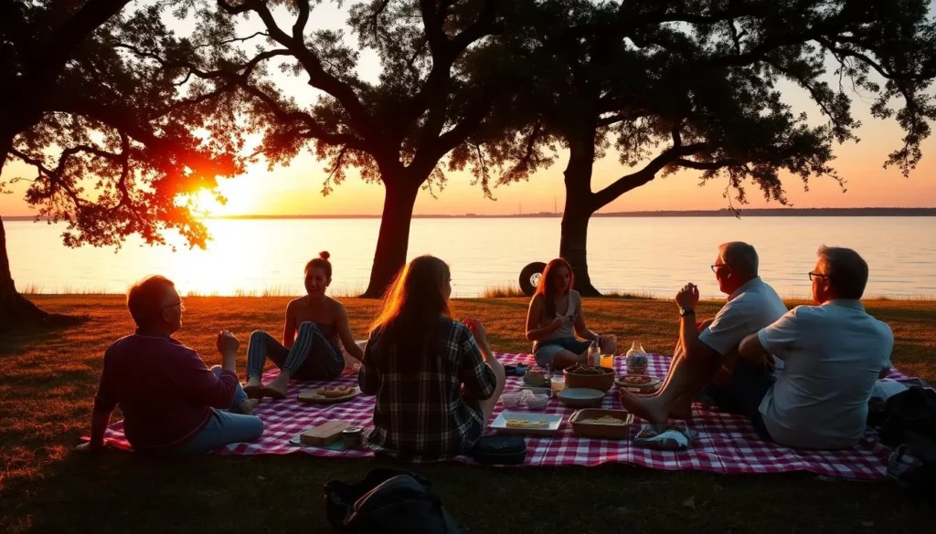 Family enjoying a picnic by Lake Pontchartrain with the sunset in the background Family enjoying a picnic by Lake Pontchartrain with the sunset in the background