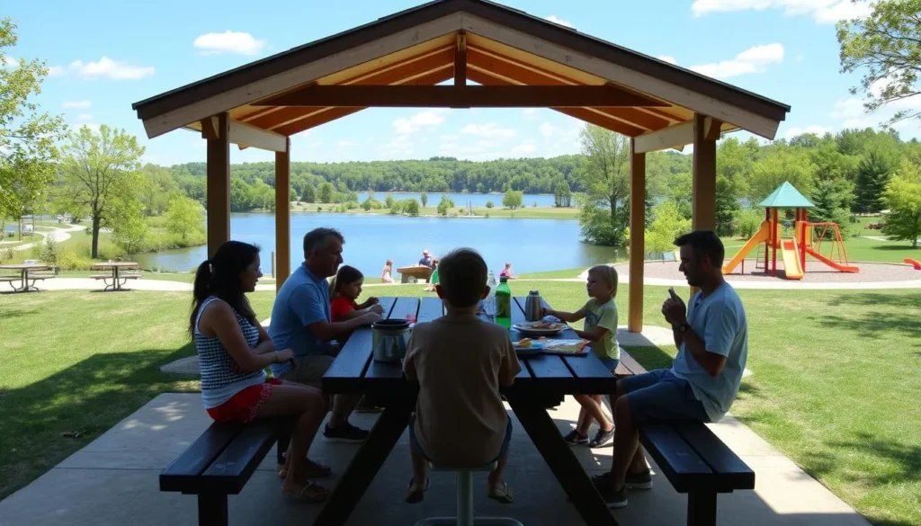 Family enjoying a picnic with lake view at Barren River Lake State Resort Park Family enjoying a picnic with lake view at Barren River Lake State Resort Park