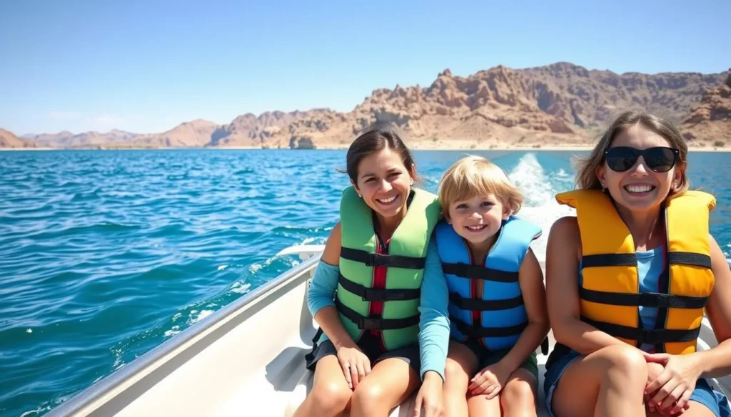 Family enjoying a pontoon boat rental on Lake Havasu with desert mountains in the background