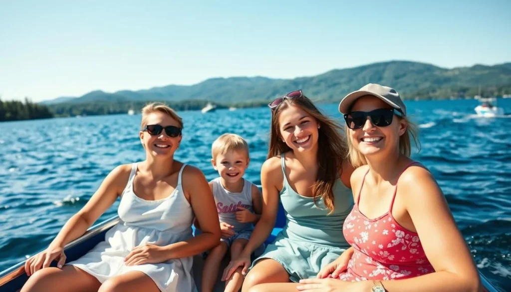 Family enjoying a pontoon boat ride on Lake Winnipesaukee with mountains in the background Family enjoying a pontoon boat ride on Lake Winnipesaukee with mountains in the background