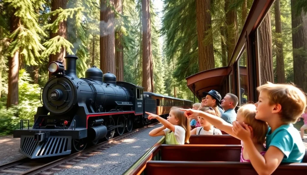 Family enjoying a ride on the Roaring Camp Railroads steam train through the redwood forest Family enjoying a ride on the Roaring Camp Railroads steam train through the redwood forest