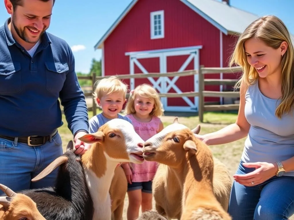 Family enjoying activities at a Lewis County farm with children petting animals Family enjoying activities at a Lewis County farm with children petting animals