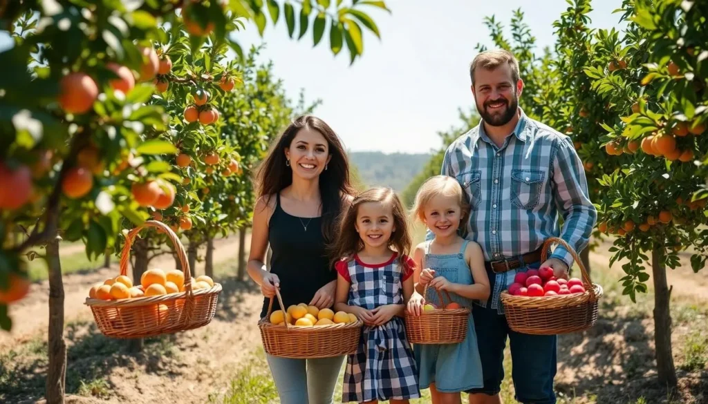 Family enjoying activities at a Stanislaus County farm with children picking fruit