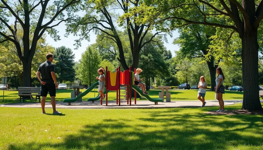 Family enjoying activities at a park in Auburn, Maine with children playing Family enjoying activities at a park in Auburn, Maine with children playing