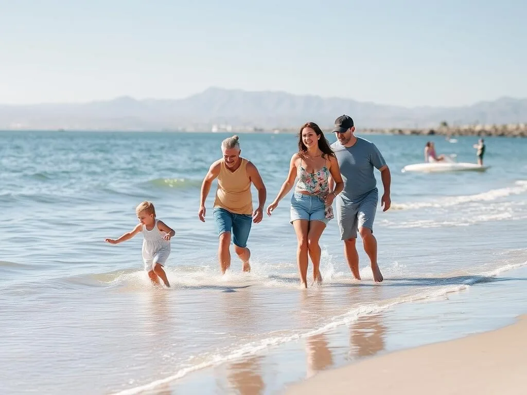 Family enjoying beach activities at Harbor Cove Beach in Ventura County with calm waters and mountains in background Family enjoying beach activities at Harbor Cove Beach in Ventura County with calm waters and mountains in background