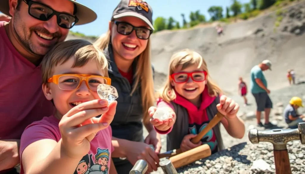 Family enjoying diamond mining at Herkimer Diamond Mines with children excitedly showing their finds Family enjoying diamond mining at Herkimer Diamond Mines with children excitedly showing their finds