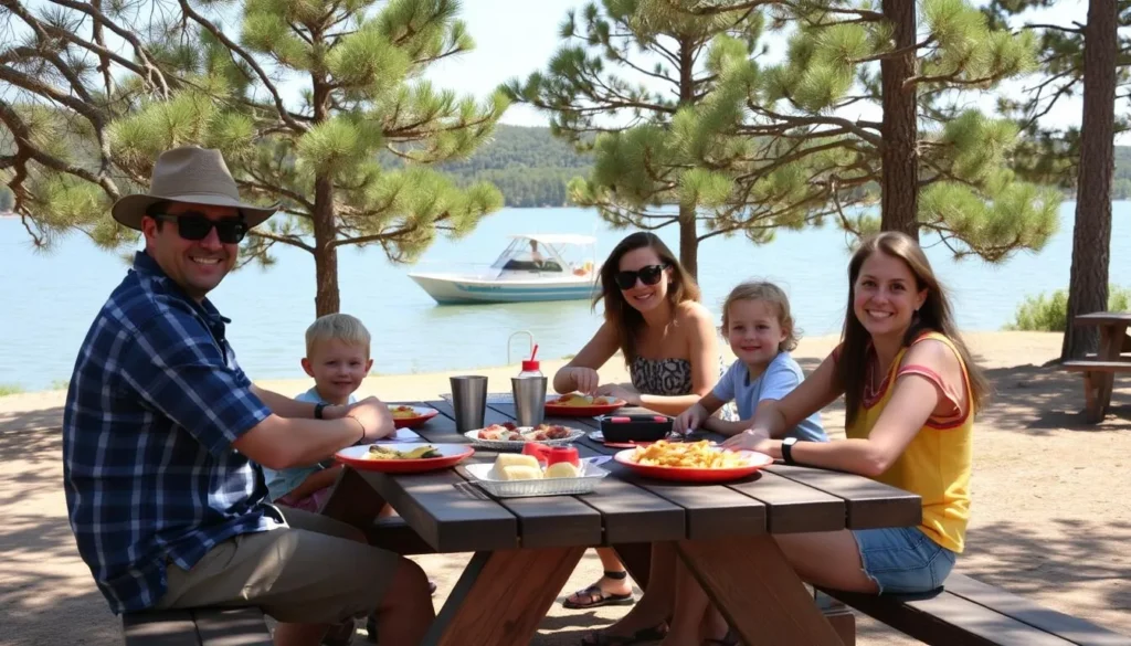 Family enjoying picnic at Broken Bow Lake, Oklahoma with boat in background Family enjoying picnic at Broken Bow Lake, Oklahoma with boat in background