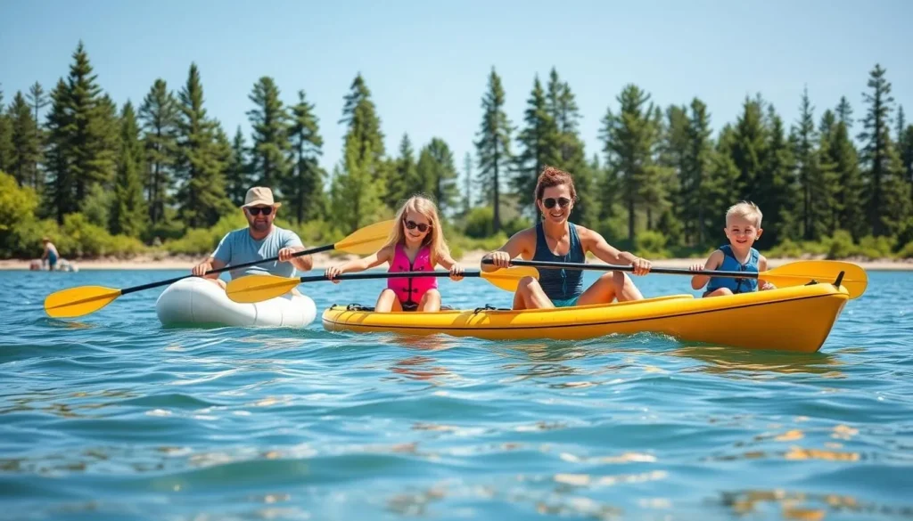 Family enjoying summer activities on Gull Lake with kayaks and paddleboards Family enjoying summer activities on Gull Lake with kayaks and paddleboards