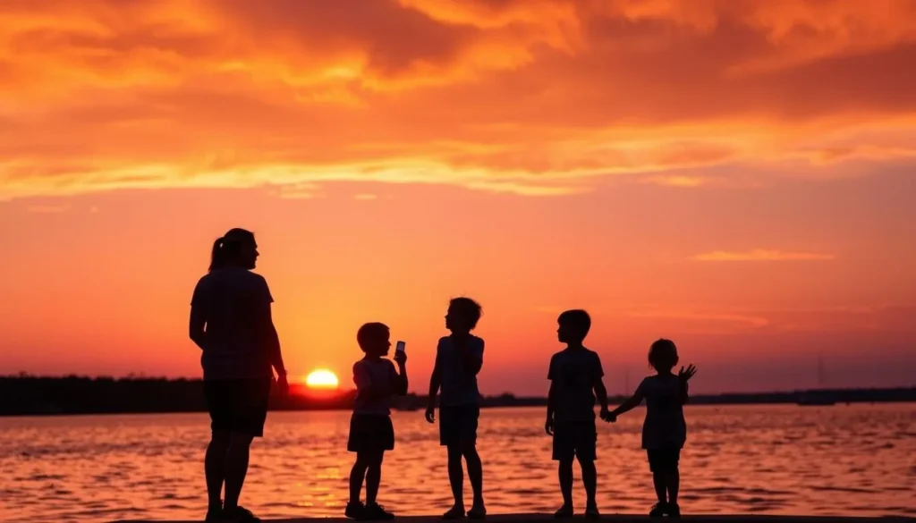 Family enjoying sunset at Lake Texoma, Oklahoma with boats in the background Family enjoying sunset at Lake Texoma, Oklahoma with boats in the background