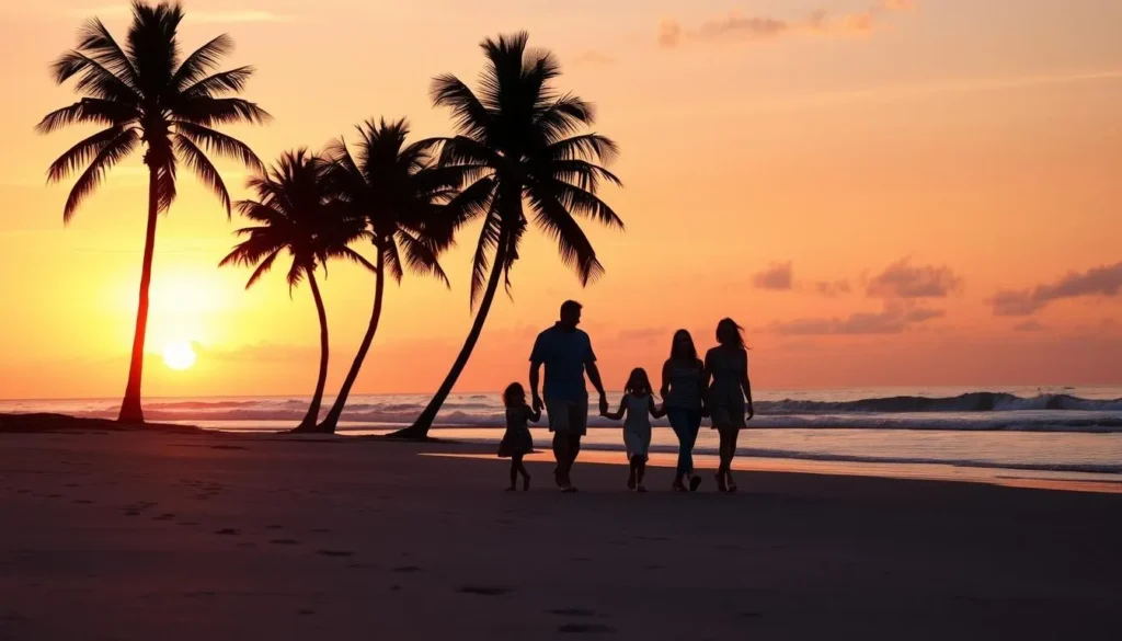 Family enjoying sunset at Manatee County beach with palm trees silhouettes Family enjoying sunset at Manatee County beach with palm trees silhouettes