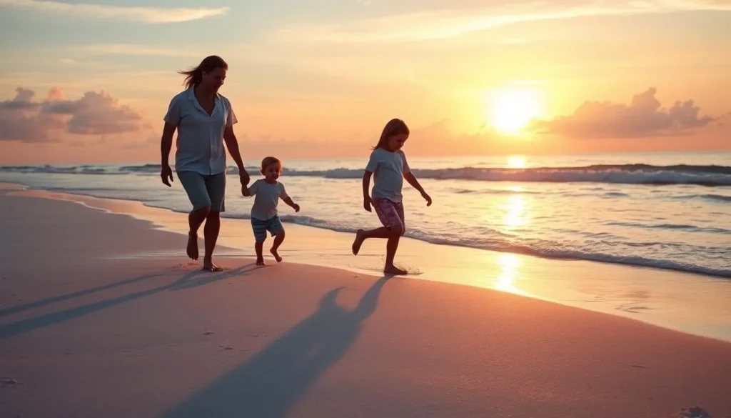 Family enjoying sunset at Siesta Key Beach in Sarasota Florida with children playing in the surf Family enjoying sunset at Siesta Key Beach in Sarasota Florida with children playing in the surf