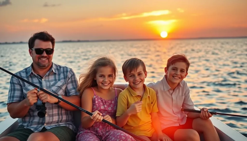 Family enjoying sunset boat ride on Lake Okeechobee with fishing rods and smiling faces Family enjoying sunset boat ride on Lake Okeechobee with fishing rods and smiling faces