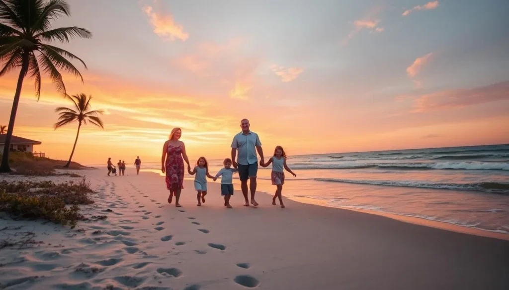 Family enjoying sunset on a Martin County Florida beach with palm trees Family enjoying sunset on a Martin County Florida beach with palm trees