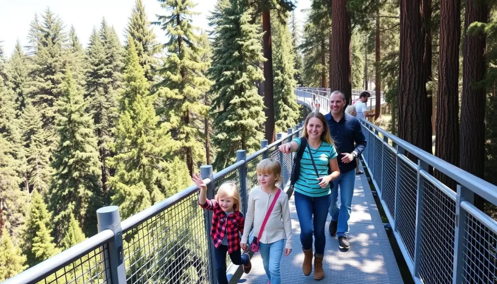 Family enjoying the Redwood Sky Walk at Sequoia Park Zoo in Eureka, walking among the treetops Family enjoying the Redwood Sky Walk at Sequoia Park Zoo in Eureka, walking among the treetops