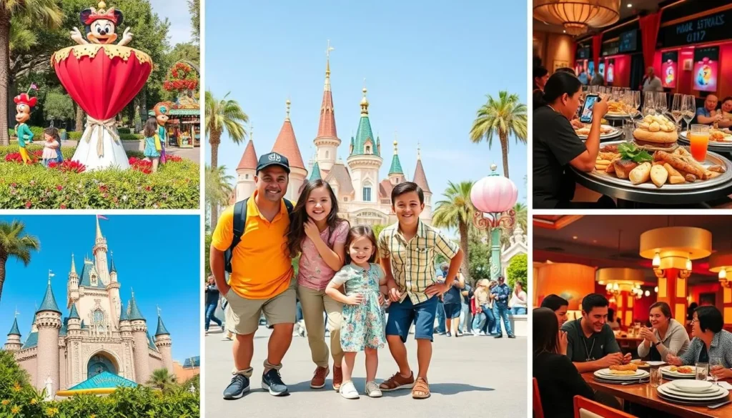 Family enjoying various Anaheim California attractions in a collage format Family enjoying various Anaheim California attractions in a collage format