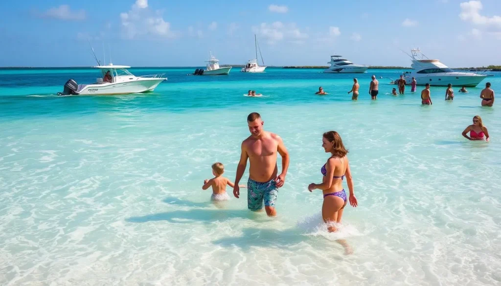 Family enjoying water activities at Crab Island sandbar in Okaloosa County Family enjoying water activities at Crab Island sandbar in Okaloosa County