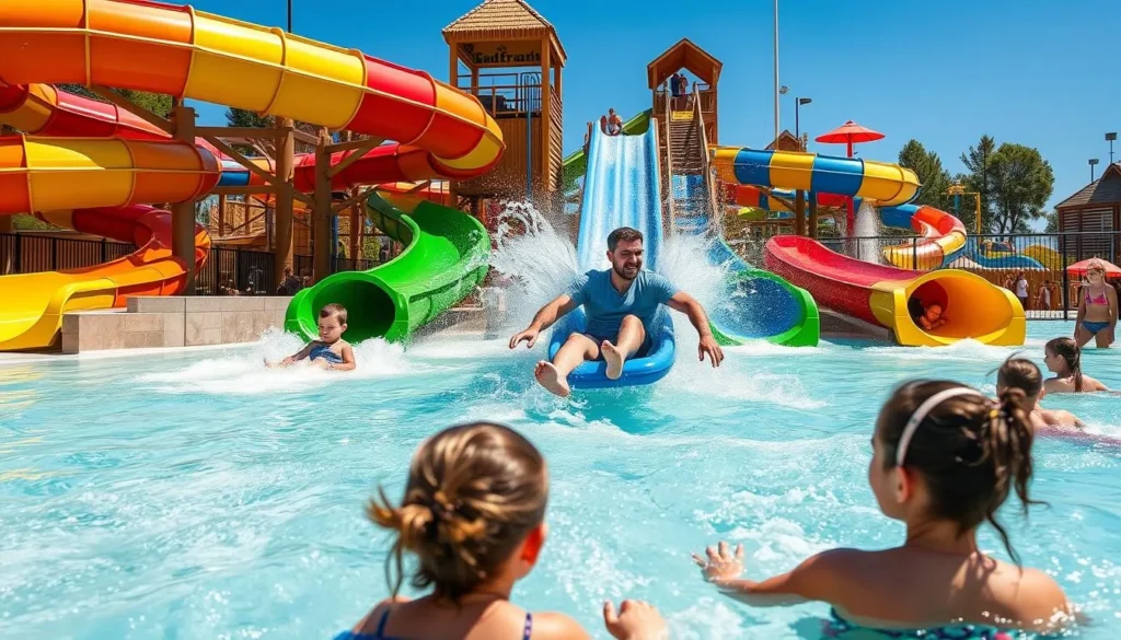 Family enjoying water slides and attractions at Golfland Sunsplash in Roseville, Placer County Family enjoying water slides and attractions at Golfland Sunsplash in Roseville, Placer County