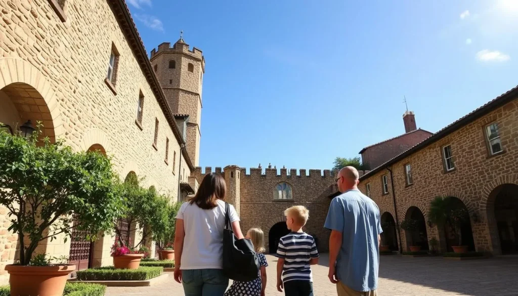 Family exploring the grounds of Castello di Amorosa winery in Napa Valley Family exploring the grounds of Castello di Amorosa winery in Napa Valley