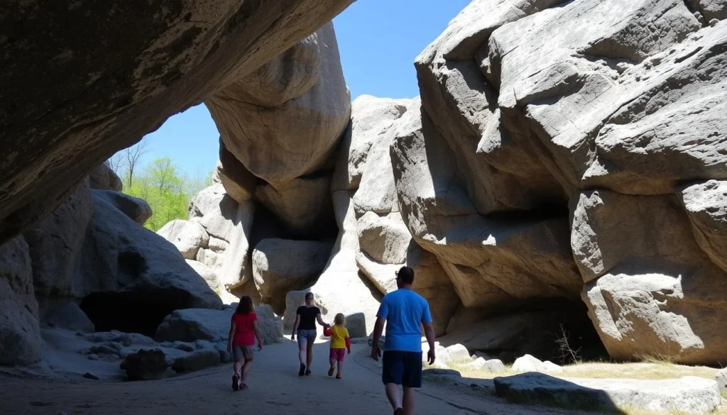 Family exploring the unique rock formations at Rock City Park in Olean, Cattaraugus County Family exploring the unique rock formations at Rock City Park in Olean, Cattaraugus County