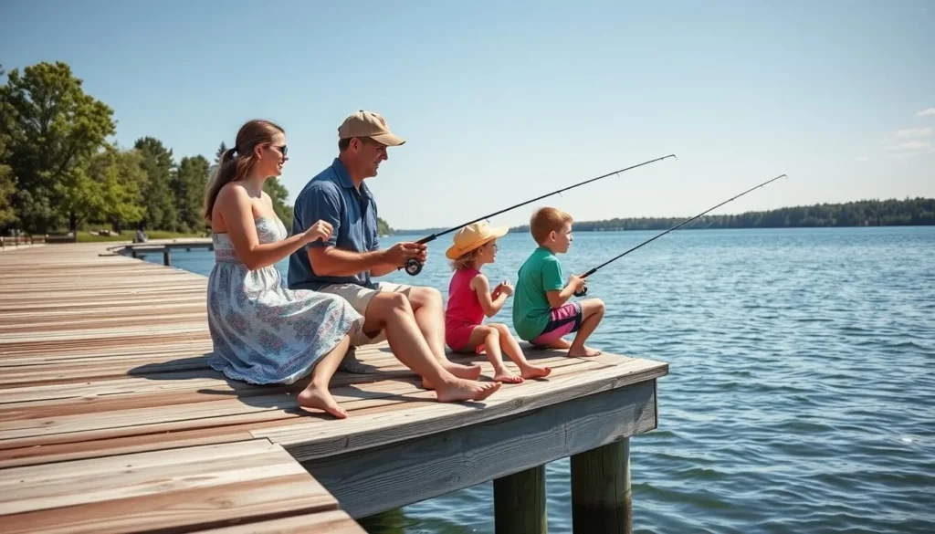 Family fishing from the pier at Island Lake Minnesota Family fishing from the pier at Island Lake Minnesota