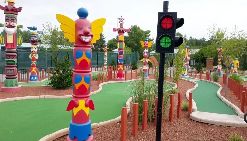 Family-friendly miniature golf course with whimsical decorations like totem poles and faux traffic lights