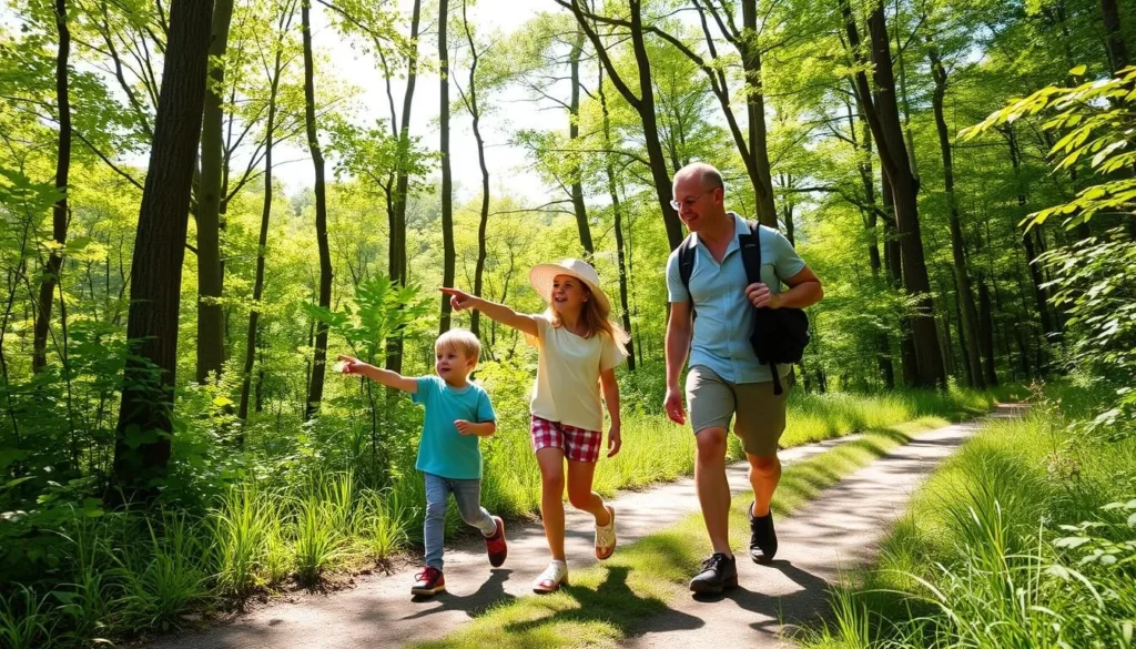Family hiking on an easy trail in Herkimer County with children exploring nature Family hiking on an easy trail in Herkimer County with children exploring nature