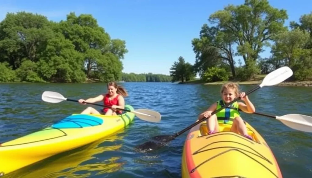 Family kayaking on Lake Minnetonka with lush green shoreline in the background Family kayaking on Lake Minnetonka with lush green shoreline in the background