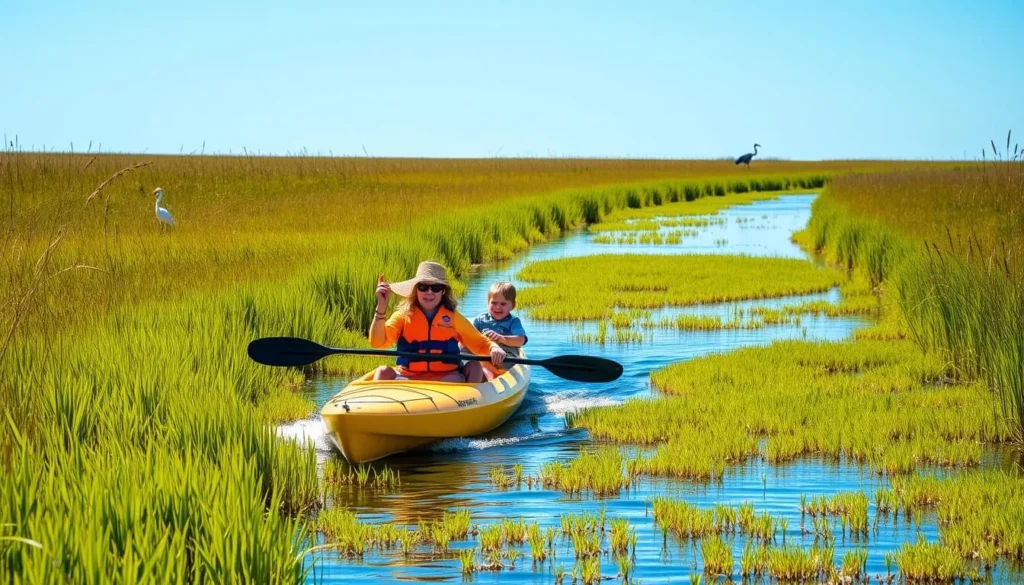 Family kayaking through the salt marshes of Pawleys Island with wildlife visible