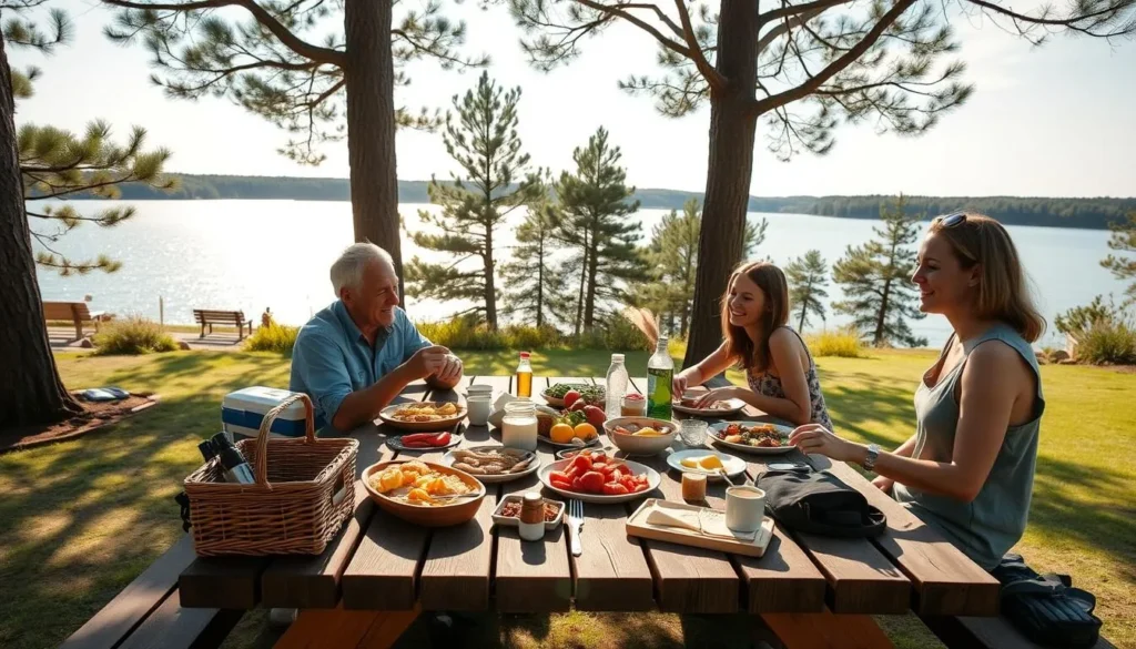 Family picnic by Lake Itasca, Minnesota with pine trees and lake view Family picnic by Lake Itasca, Minnesota with pine trees and lake view