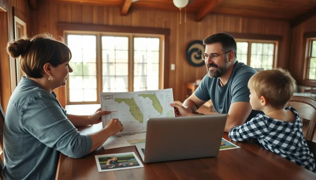 Family planning a trip to Gilchrist County, looking at a map of springs and attractions Family planning a trip to Gilchrist County, looking at a map of springs and attractions
