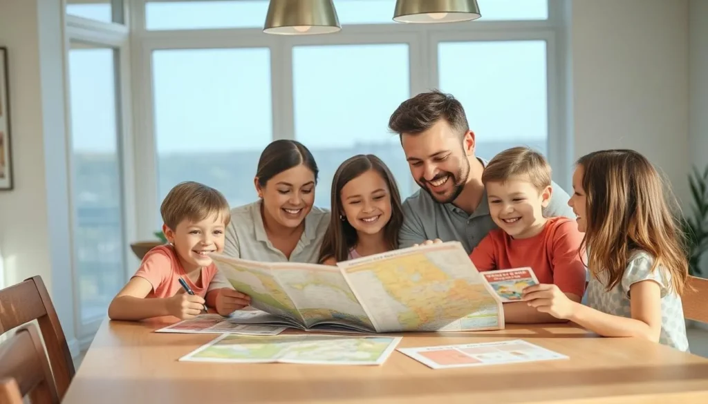 Family planning their Osceola County vacation itinerary with maps and guidebooks Family planning their Osceola County vacation itinerary with maps and guidebooks