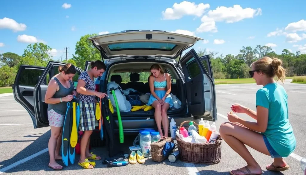 Family preparing for a day at Gilchrist Springs with snorkeling gear and picnic supplies Family preparing for a day at Gilchrist Springs with snorkeling gear and picnic supplies