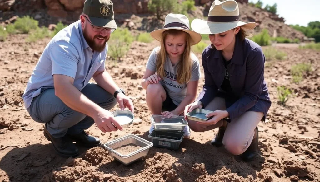 Family searching for diamonds at Crater of Diamonds State Park using sifting screens Family searching for diamonds at Crater of Diamonds State Park using sifting screens