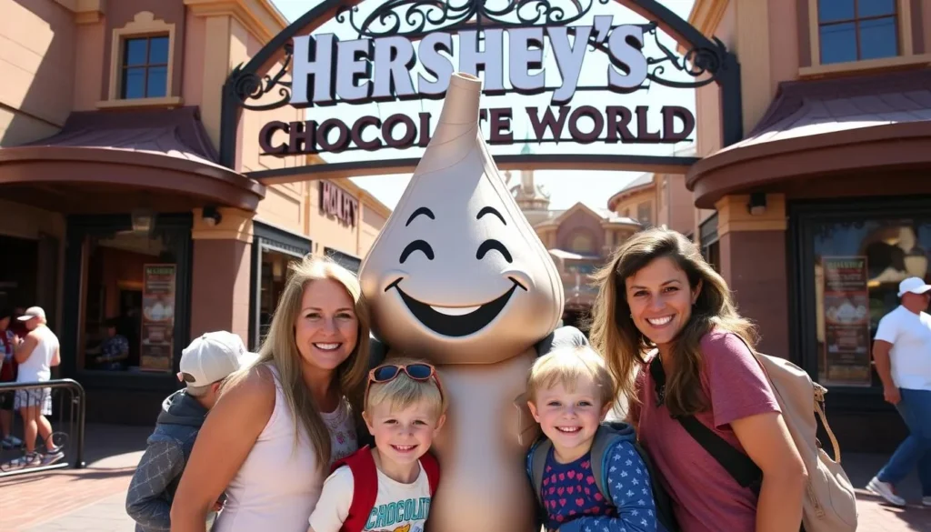 Family taking a photo with Hershey's Kiss mascot character outside Chocolate World Family taking a photo with Hershey's Kiss mascot character outside Chocolate World