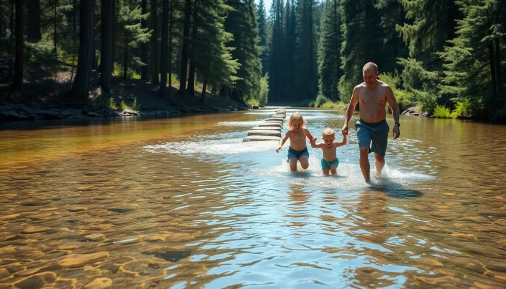 Family wading in the shallow headwaters of the Mississippi River at Lake Itasca, Minnesota on a sunny summer day Family wading in the shallow headwaters of the Mississippi River at Lake Itasca, Minnesota on a sunny summer day