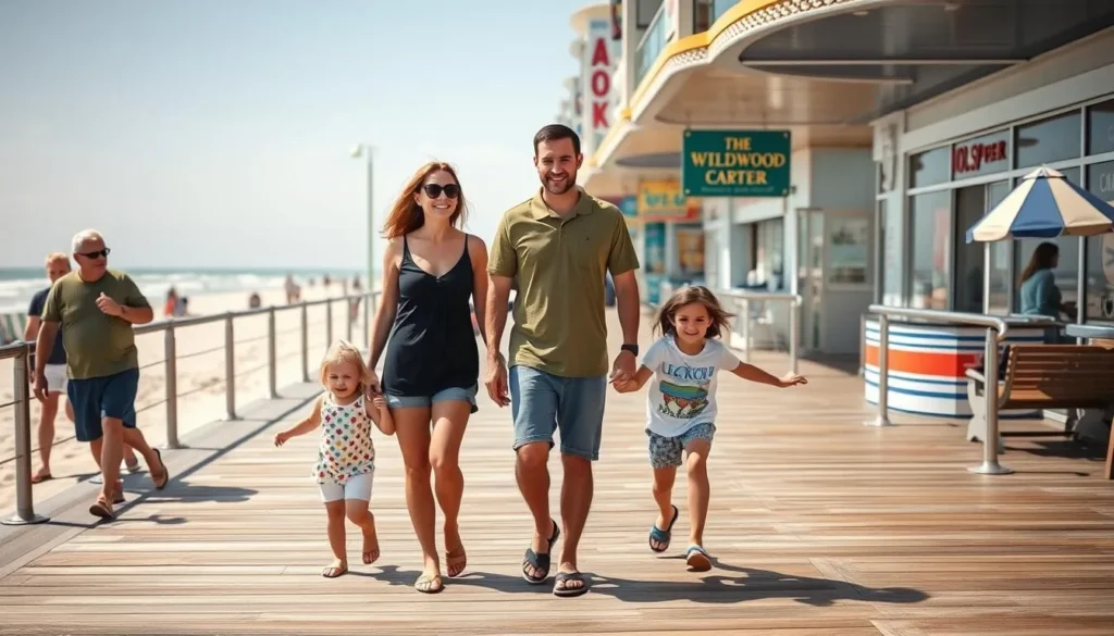 Family walking on Wildwood boardwalk with beach in background Family walking on Wildwood boardwalk with beach in background