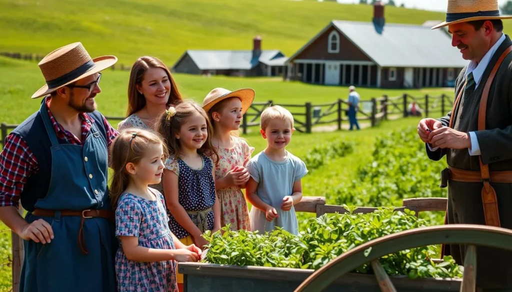 Family with children watching farm demonstrations at Mount Vernon's Pioneer Farm in early summer