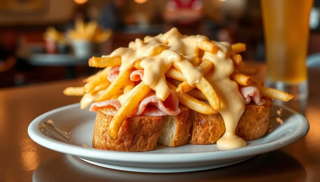 Famous Springfield horseshoe sandwich with fries and cheese sauce Famous Springfield horseshoe sandwich with fries and cheese sauce