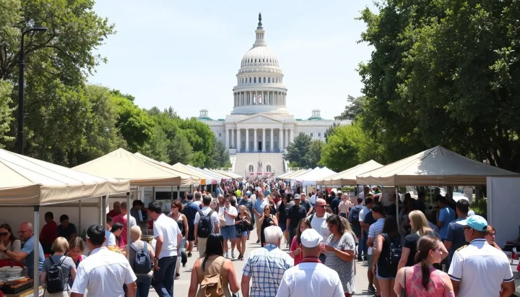 Farm-to-Fork Festival in Sacramento with food vendors, crowds, and Capitol building in background