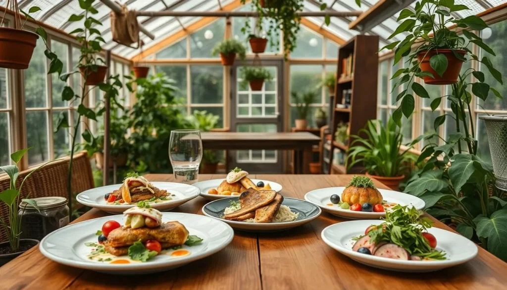 Farm-to-table dining experience at Origins Cafe with fresh local ingredients and greenhouse setting Farm-to-table dining experience at Origins Cafe with fresh local ingredients and greenhouse setting