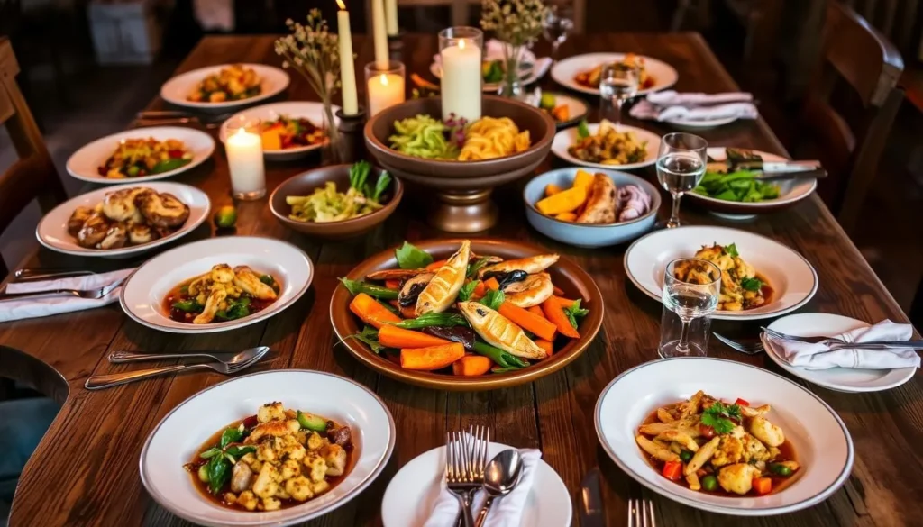 Farm-to-table dinner spread at The Lodge on Little St. Simons Island featuring fresh seafood and local produce Farm-to-table dinner spread at The Lodge on Little St. Simons Island featuring fresh seafood and local produce