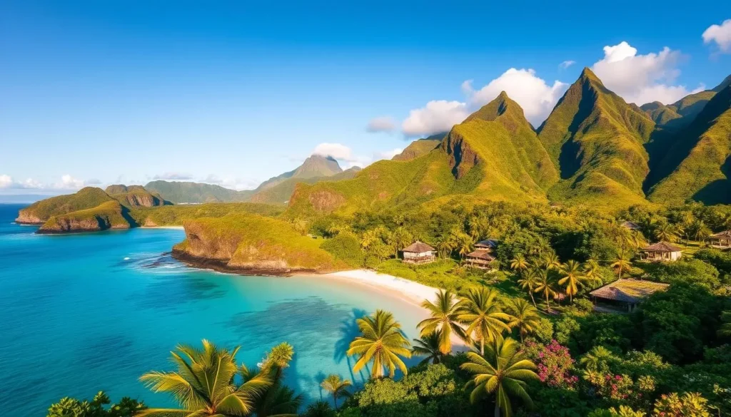 Fatu Hiva Island, a lush tropical paradise in the Marquesas archipelago, French Polynesia. A sweeping panorama of verdant cliffs plunging into turquoise waters, framed by a cloudless azure sky. In the foreground, a secluded white sand beach dotted with swaying palm trees. Mid-ground, traditional Polynesian thatched-roof structures nestled amidst vibrant foliage. In the distance, rugged mountain peaks rise majestically. Warm, natural lighting illuminates the scene, creating a serene, idyllic atmosphere. Capture this breathtaking island escape through a wide-angle lens, showcasing its unspoiled natural beauty and the tranquility it exudes.