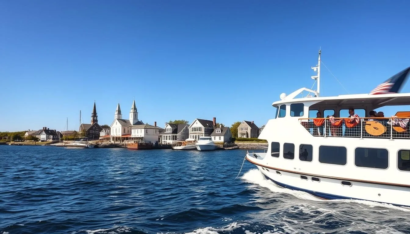 Ferry approaching Nantucket Island with the harbor and town visible on a sunny day