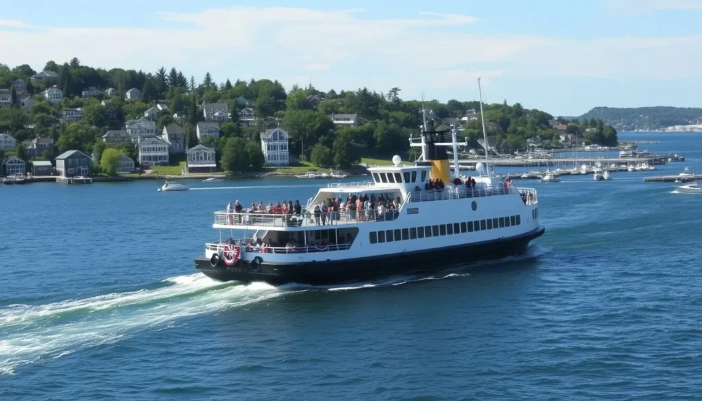 Ferry approaching Peaks Island with coastal homes and boats in view Ferry approaching Peaks Island with coastal homes and boats in view
